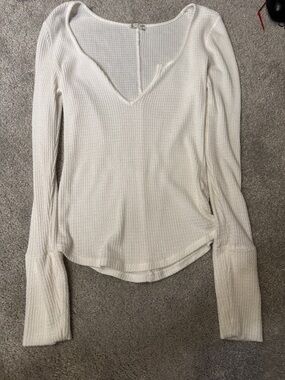 Free People Waffle-Knit V-Neck Long Sleeve Top in white